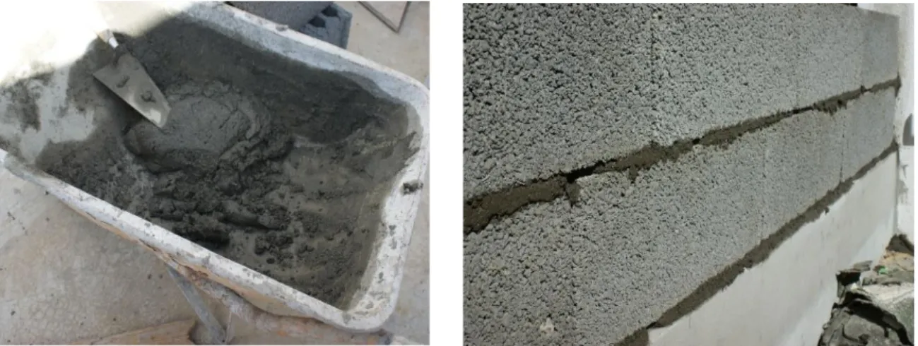 Figura 3.2  –  Argamassa corrente de assentamento à base de cimento feita em obra (esq.), assentamento  corrente de alvenaria de blocos de betão com argamassa de assentamento à base de cimento (dir.)