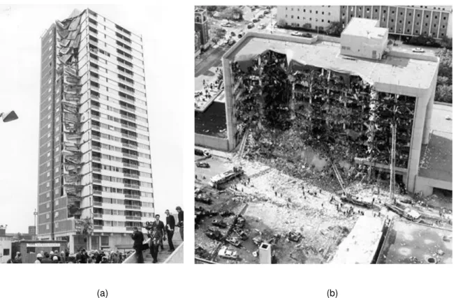 Figura 2.14 1  – Exemplos de colapso progressivo: a) Edifício Ronan Point; b) Edifício Federal Alfred P