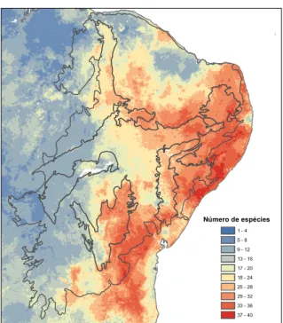 Figura  3.  Mapa  de  riqueza  esperada  para  os  anuros  na  Caatinga  baseado  na  sobreposição  dos  mapas  binários  (modelos  de  distribuição,  shapes  ou  buffers)