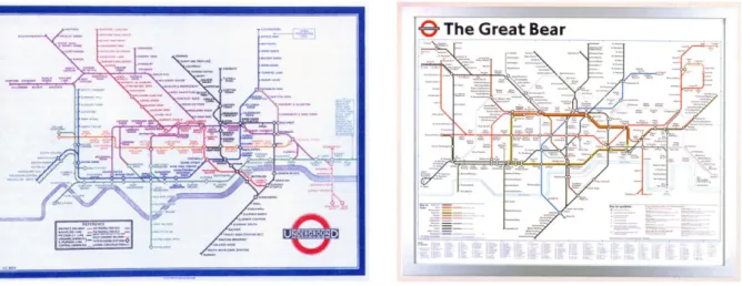 FIGURA 01  – Mapa para metrô de Londres, Henry C. Beck, 1933 e “The Great Bear”, Simon Patterson, 1992 Fonte: Meggs e Purvis (2009, p.425) e Newark (2009, p.30)
