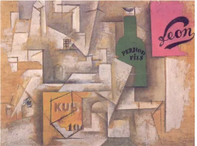 FIGURA 10 – Landscape with Posters  (com logotipo &#34;Kub 10€&#34;), Pablo Picasso, 1912