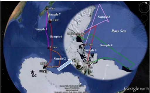 Figure 1. The sampling sites: the Italian base “Mario Zucchelli Station” (MZS) (74 ◦ 42 ′ S – 164 ◦ 06 ′ E), the Italian-French base “Concordia Station” (Dome C) (75 ◦ 06 ′ S – 123 ◦ 20 ′ E) and the track chart of the R/V Italica.