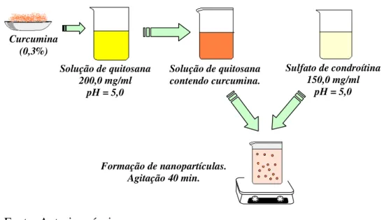 Figura 10 - Preparação de nanopartículas de quitosana / sulfato de condroitina contendo  curcumina através da técnica de gelatinização iônica