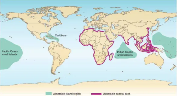 Figure 2.8 – Regions of the world vulnerable to sea level rise  (Cazenave et al, 2010) 