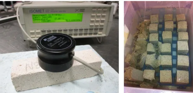Figure 4.  Prismatic samples being tested for thermal conductivity (left) and resistance to sulphates  (right) 