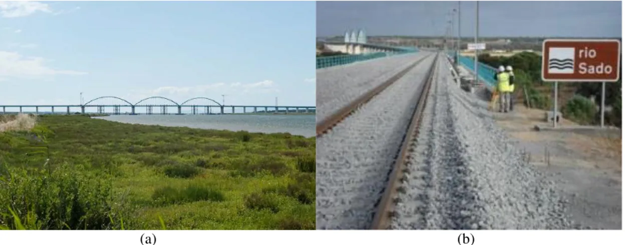 Figura 3.2 – Vista panorâmica da ponte ferroviária sobre o Rio Sado (à esquerda) e entrada no viaduto sul  de acesso (à direita)