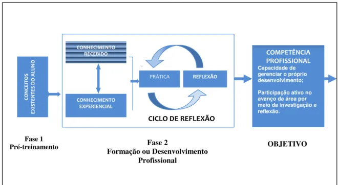 Figura 03: Modelo de Formação Reflexiva (adaptado a partir de Wallace, 1991) CICLO DE REFLEXÃO Fase 1 Pré-treinamento Fase 2 Formação ou Desenvolvimento Profissional  OBJETIVO CONHECIMENTO RECEBIDO CONHECIMENTO EXPERIENCIAL PRÁTICA REFLEXÃO  COMPETÊNCIA  P