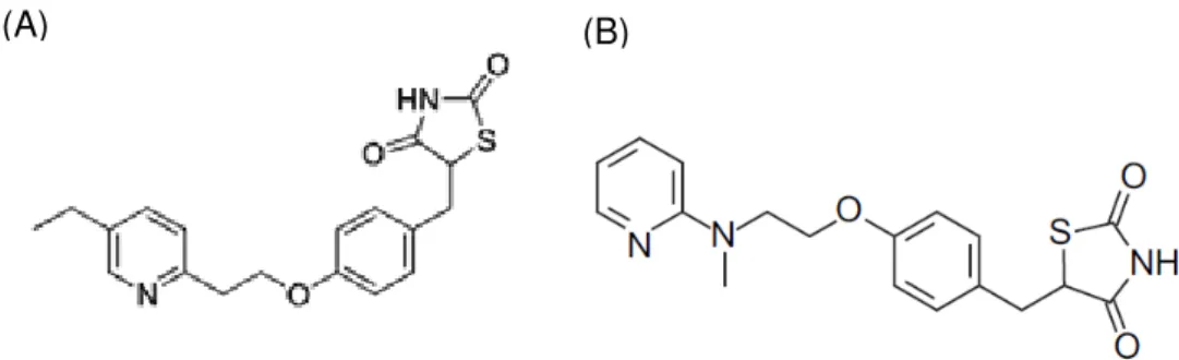 Figura 7 Estrutura química das TZD clássicas. (A) TZD pioglitazona e (B) rosiglitazona 