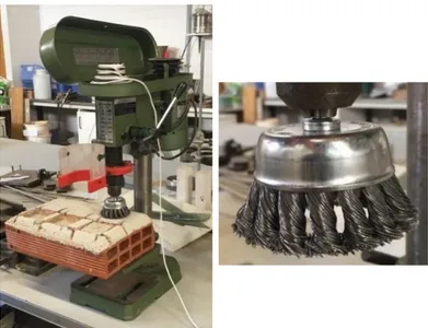 Figure 3.5 – Dry abrasion resistance procedure (left) and steel brush used (right) 