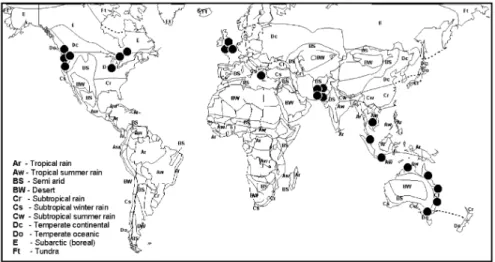 Fig. 2.11 - Distribuição geográfica dos edifícios que compõem a base de dados de conforto térmico da RP- 884 [42] 