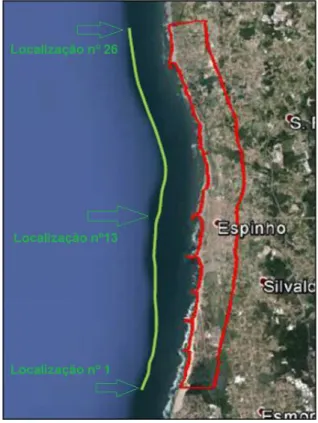 Figura 3.2  –  Linha da batimétrica dos 15 metros ao longo do litoral de Espinho e  localizações dos pontos extremos e intermédio (Fonte: Heitor, 2013)  