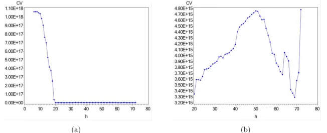 Figura 2: Função não convexa proveniente do cálculo do Cross-Validation de uma RGP com dados simulados aleatoriamente: (a) 6 ≤ h ≤ 72, (b) 20 ≤ h ≤ 72