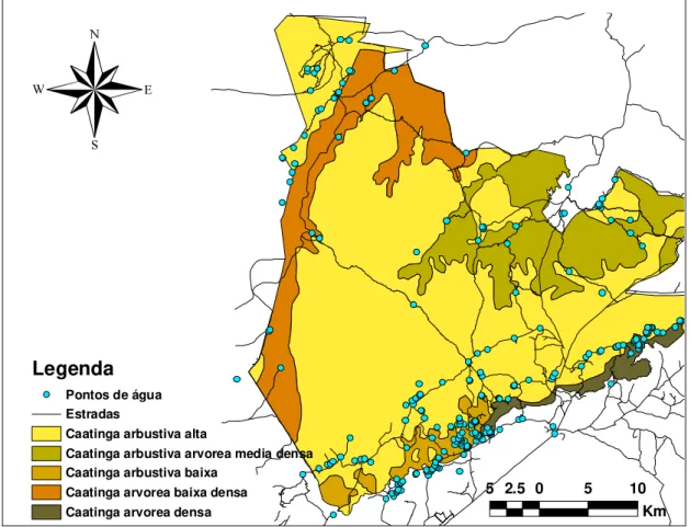 Figura 2. Parque Nacional Serra da Capivara-PI, com as diferentes vegetações e os pontos  artificiais de água