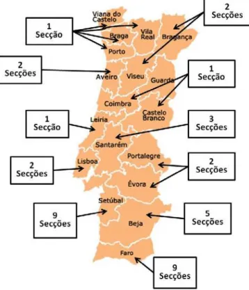 Figura 5.3 – Mapa de Portugal Continental [Google, 2011] com a representatividade das secções em cada  distrito 