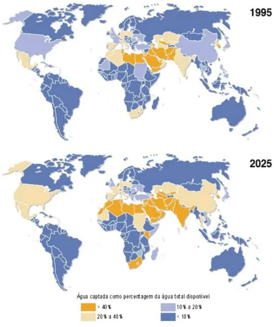 Figura 2.2 – Água captada como percentagem da água total disponível (CR) em 1995 e 2025 [7] 