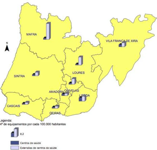 Fig. 2.5 - Número de centros de saúde e suas extensões existentes em 2009 nos concelhos da Grande Lisboa,  por cada 100.000 habitantes