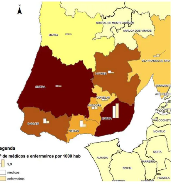 Fig. 2.6 - População residente e número de médicos e enfermeiros por cada 1.000 habitantes existentes em  2009 nos concelhos da Grande Lisboa