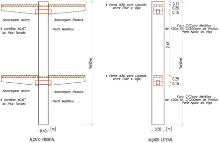 Figura 3.13: Alçado dos pilares das rampas com continuidade das vigas [62]