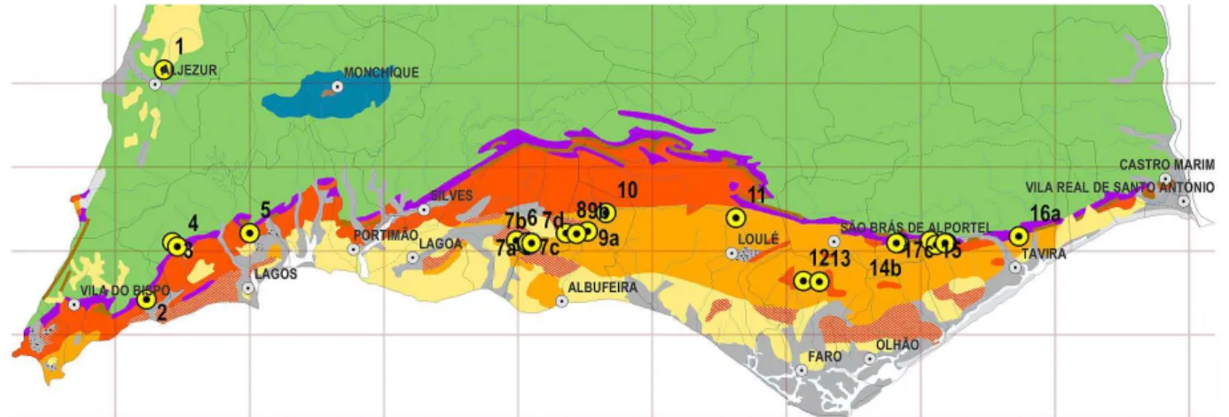 Fig. 1 – Location of the clay quarries present in 1985 study   [19] superimposed to the lithological map  of the Algarve region (adapted from   [20]) –  Notation: Green – shales, greywackes (Carboniferous period); Purple  – red sandstones, marls, calcic an