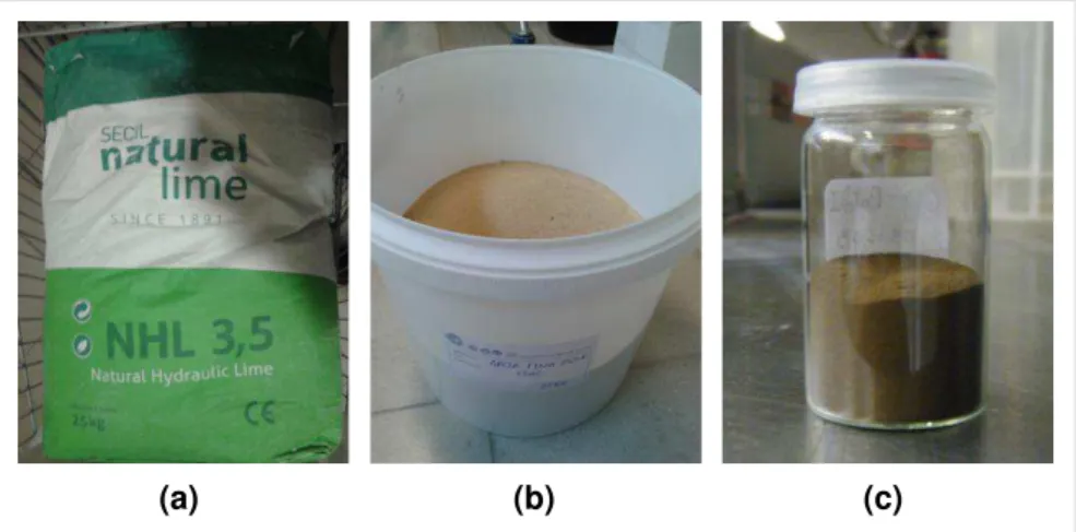 Figura 3.1  –  Materiais utilizados para a preparação das argamassas: cal hidráulica natural NHL3.5  (a), areia fina (b); óxido de grafeno (c) 