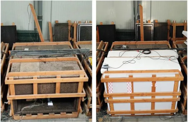 Figure 3.3 - Improvements in chamber: constructive solution 1 (a) and constructive solution 2, 3 and 4 (b)  Afterwards, corresponding to constructive solution 3, the behaviour of rammed earth was combined  with  10  cm  expanded  polystyrene  board  (EPS) 