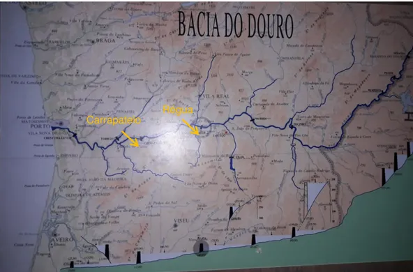Figura 2.6  –  Localização das barragens da bacia hidrográfica do rio Douro e perfil longitudinal do rio, com  indicação das alturas das barragens e da cota da água das diversas albufeiras
