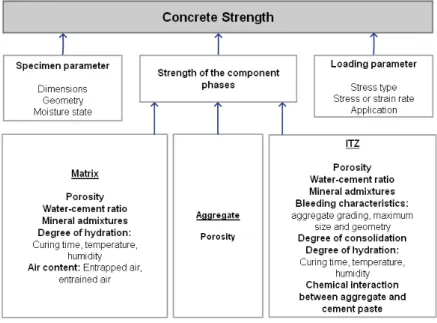 Figure 2.1 shows the diﬀerent factors that inﬂuence the concrete strength, divided into the three main groups (Mehta and Monteiro 2006).