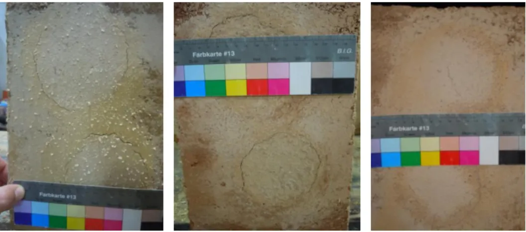 Figure 4: Medium craks on the mortar MRE_AL15 applied on the standard deep voids defect in the  blocks: left, in BAv; center, in BPD; and right, in BVC 