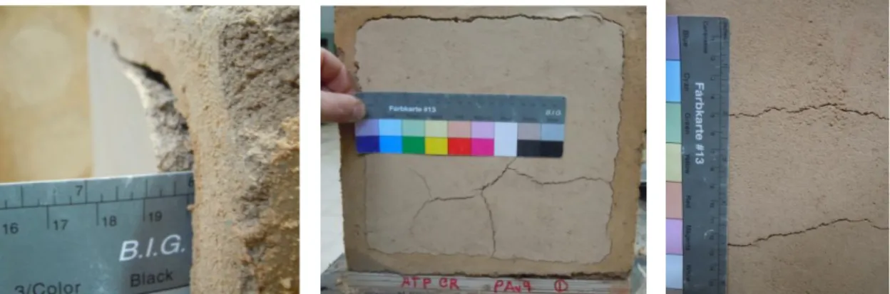 Figure 5: Mortar MRE_NC15 applied in block BAv on standard surperficial defect: left, detachment of  the mortar; center, cracks; and right, detail of large cracks 