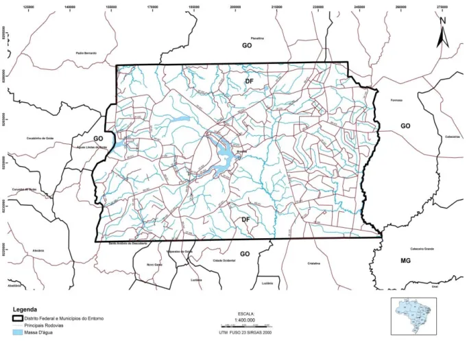 Figura  1.4 -  Localização  e articulação  do  Distrito  Federal  com  relação  aos  estados  e  municípios  limítrofes
