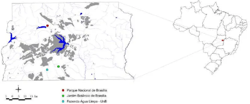 Figura 1.2 Mapa ilustrando os locais de coleta de L. ericoides na região do Distrito Federal 