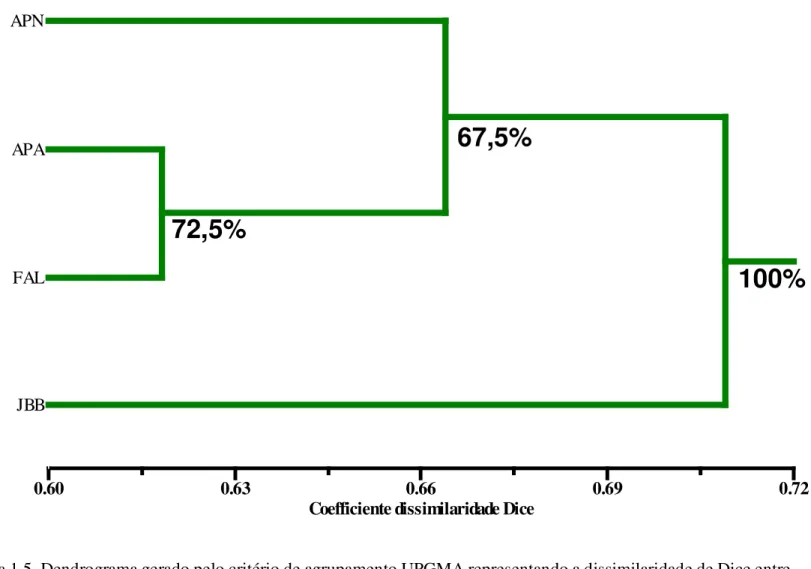 Figura 1.5. Dendrograma gerado pelo critério de agrupamento UPGMA representando a dissimilaridade de Dice entre  quatro populações de Arnica (APN e JJB não aromáticas; FAL e APA aromáticas) analisadas com 60 locos RAPD