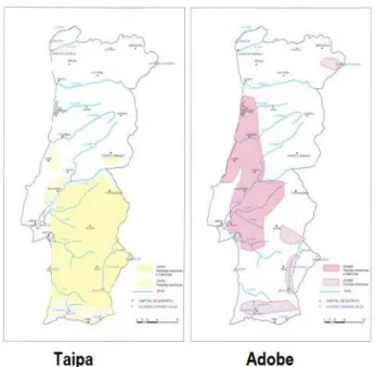 Figura 2.2 - Distribuição geográfica de duas das principais técnicas construtivas tradicionais em Portugal  Continental (Adaptada de Fernandes (2013)) (AAV – Arquitectura de terra em Portugal, p.21) 