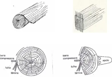 Figura 2.8: Esquema de corte da lâmina de um contraplacado, adaptado de Patton 1982.