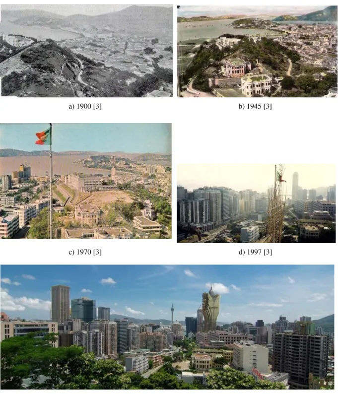 Fig. 2.5 - Vista do monte da Guia sobre a Baía de Macau  a)1900 [3] , b) 1945 [3] , c)1970 [3], d) 1997 [3] , e) 2011 [2] 
