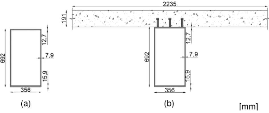 Figure 5.7 – Cross-section G1, span 1&amp;5, steel only (a) and composite (b) (dimensions in mm