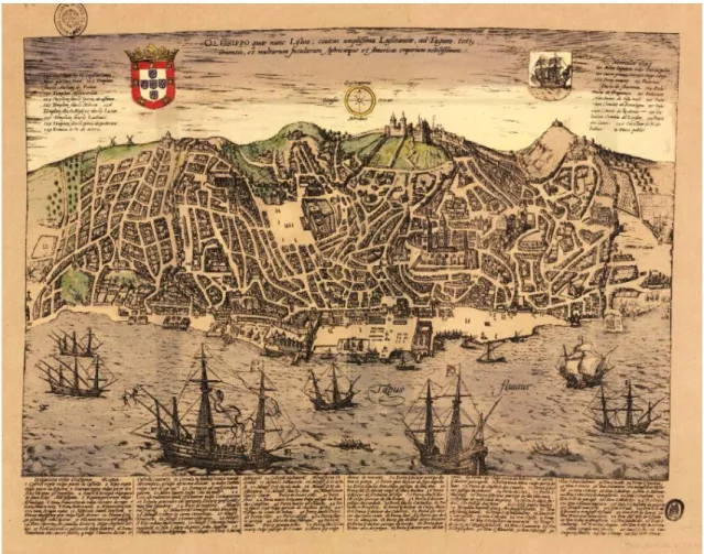 Figure 2.1  – Lisbon street layout previous to the 1755 earthquake.  “Olissippo quae nunc Lisboa, civitas  amplíssima lusitaniae, ad tagum, totius orientis, et multarum insularum africaeque et americae emporium 