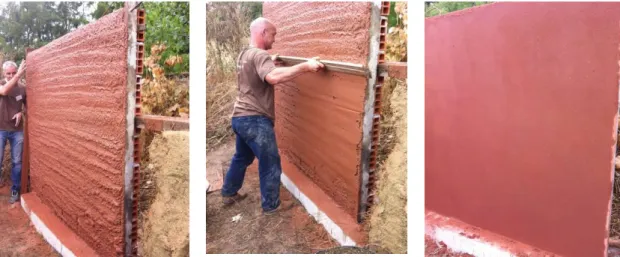 Figure 3.  Commercial earth plaster on the hollow brick test wall after projection (left), being levelled  (middle) and finished (right) 