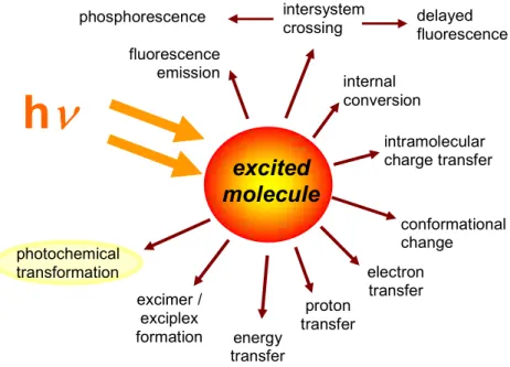 Figure 1.1  Possible de excitation pathways of excited molecules, adapted from [9]. 