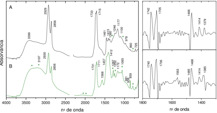 Figura 8 – Espectros de infravermelho e respectiva 2ª derivada da tinta Vert de Cadmium (ASC18)