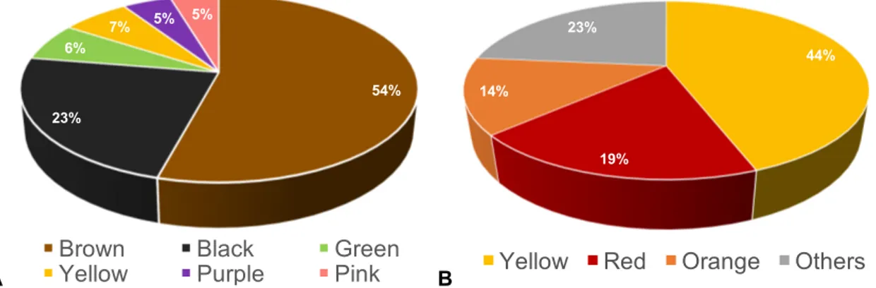 Figure 2.1. A. Percentage of the stains’ colours reported in the paper conservation literature