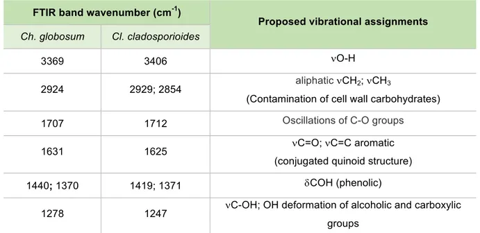 Table 3.1. FTIR band wavenumbers (cm -1 ) and assignments for Ch. globosum and Cl. cladosporioides; 