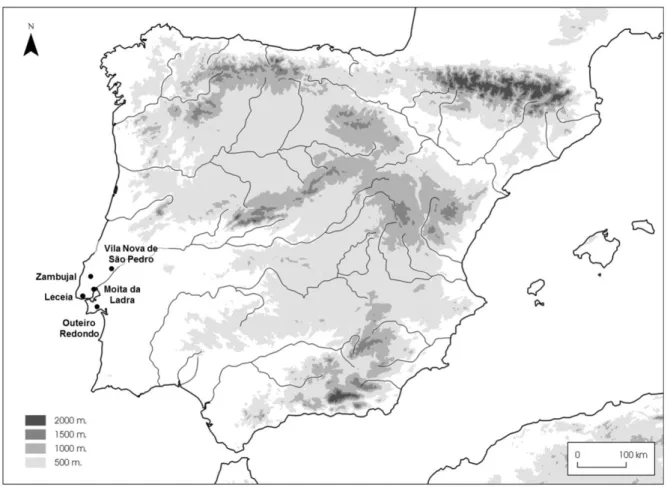 Figure  1.3.  Localization  of  Chalcolithic  settlements  in  Portuguese  Estremadura:  VNSP,  ML,  OR,  Leceia  and   Zambujal