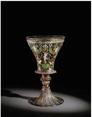 Fig. 2.1: Goblet in cristallo glass, with  enameled and gilded decoration. Dated  between 1500 and 1525