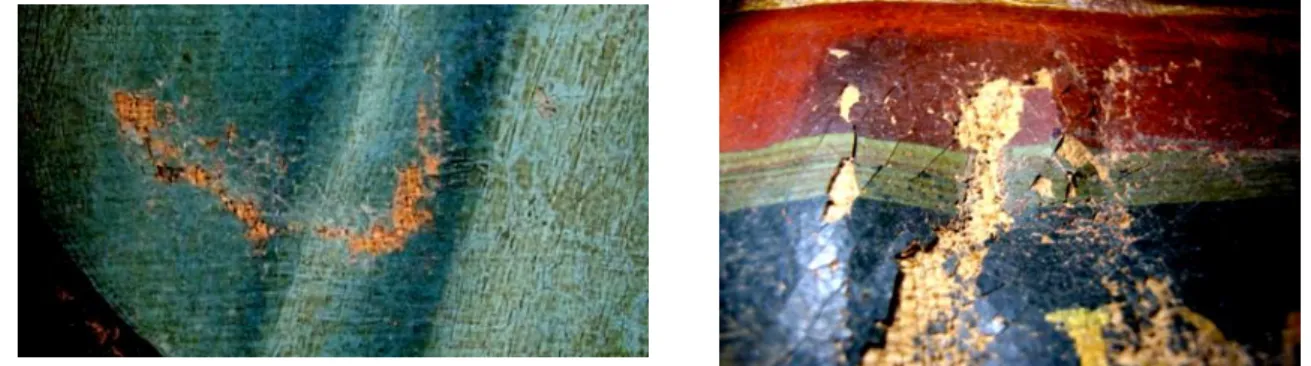 Figure 7: Before treatment detail photograph of flaking at  the interface of the paint/ground and the canvas