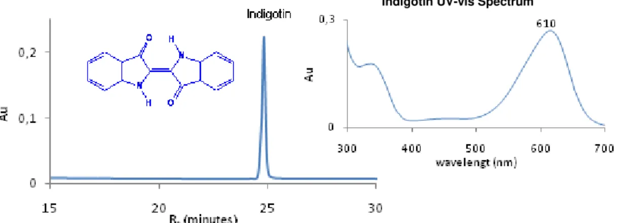 Figure 15: HPLC-DAD chromatogram acquired at 610 nm of a blue textile sample from Duff Rug, were it is  possible to identify the main chromophore of indigo, indigotin