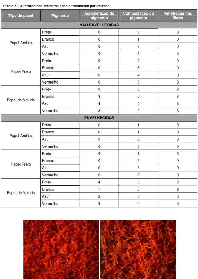 Tabela 7 – Alteração das amostras após o tratamento por imersão Tipo de papel  Pigmento  Aglomeração do 