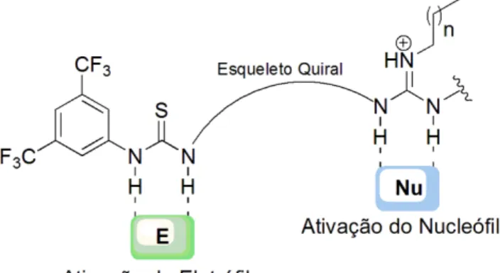 Figura 13. Estrutura e modo de ativação geral de organocatalisadores bifuncionais  guanidina-tiouréia