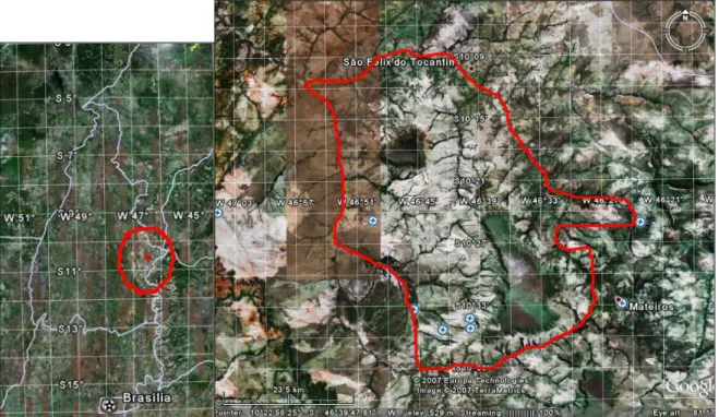 Figura 1.2 –  Imagem do estado de Tocantins delimitando a região do Jalapão no círculo  vermelho  (direita)  e  os  limites  do  Parque  Estadual  do  Jalapão  (esquerda)  sobre  imagem  Google Earth™, com base no Plano de Manejo do Parque Estadual do Jala