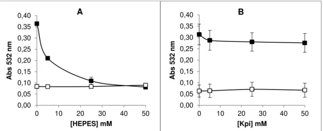 Figura 6 – Ensaios preliminares de determinação do tampão: variação da concentração dos tampões HEPES (A)  e fosfato (Kpi) (B) em pH 7,2 utilizando a metodologia de degradação oxidativa da 2-desoxirribose